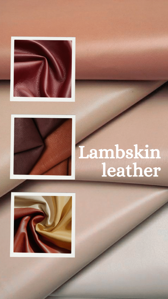 Soft lambskin leather hides in natural colors.Smooth lambskin leather hide with fine texture.Stack of soft natural lambskin leather hides for crafting