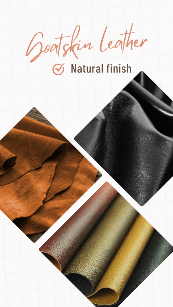 Stack of natural goat skin leather hides in black and brown and green tones.Full-grain goat skin leather material for handmade products